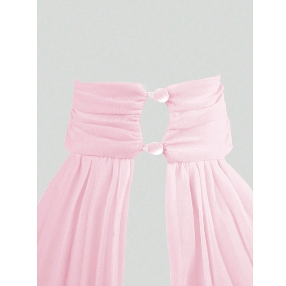 Pleated PINK Mini Dress Tie Neck Short A-Line Flared - Picture 7 of 16